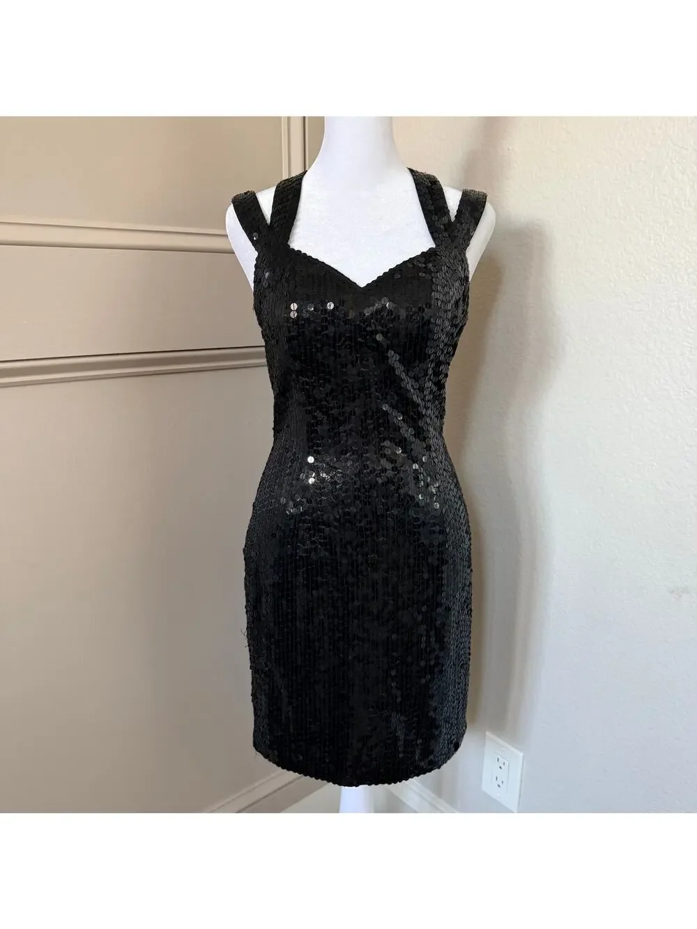 cache black sequin dress New Vintage 1980's Cache Black Sequined Long Sleeved fitted Dress